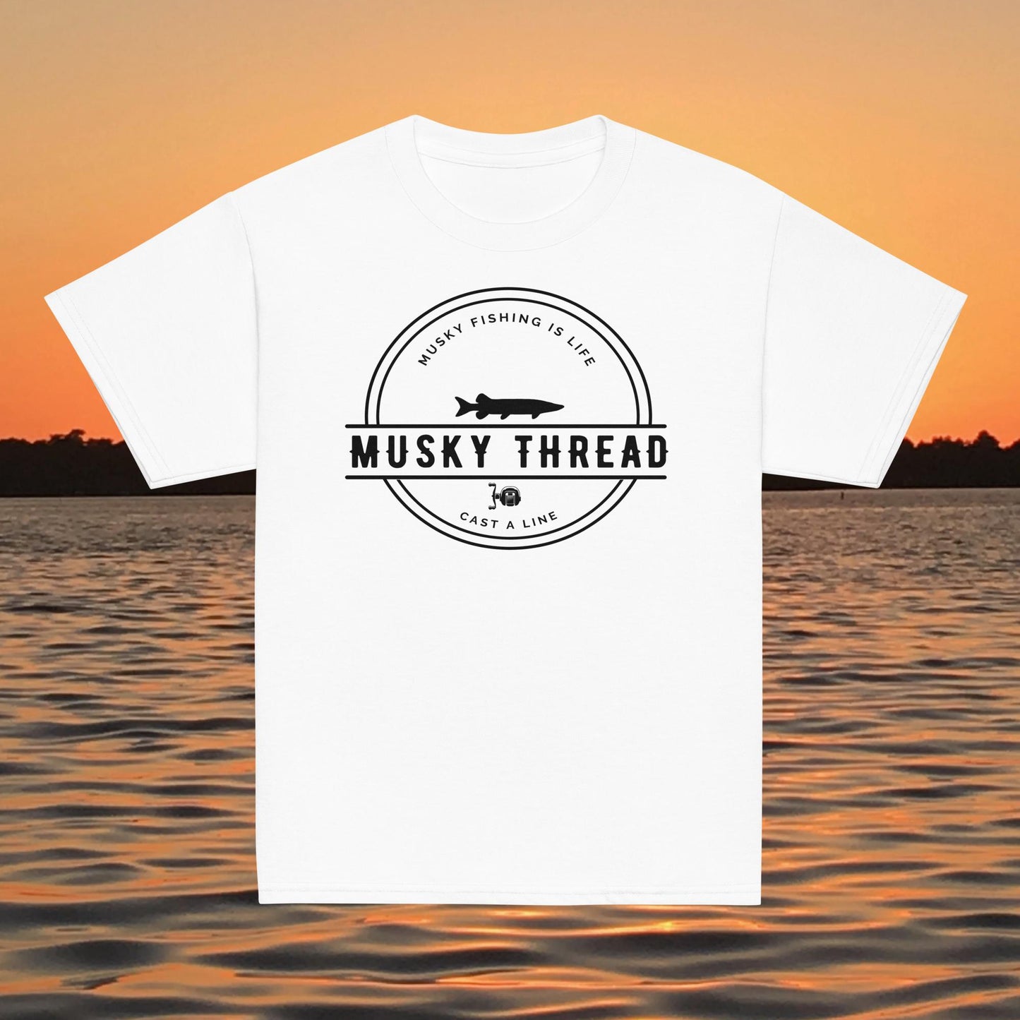 youth musky fishing shirt musky thread logo kids tee white