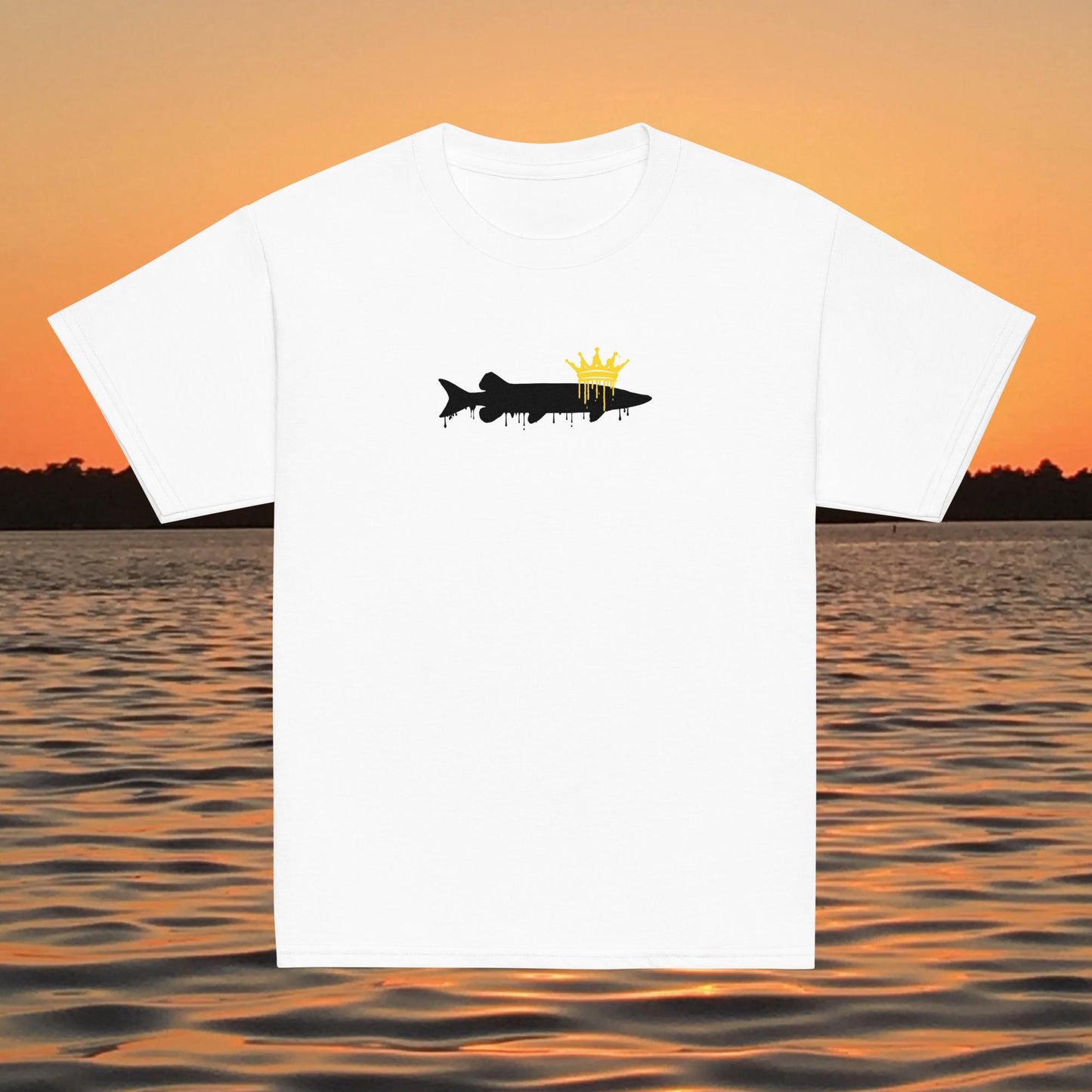 youth t shirt musky fish silhouette with crown fishing design