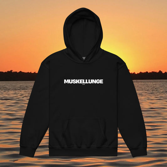 youth hoodie muskellunge life text minimalist musky fishing design