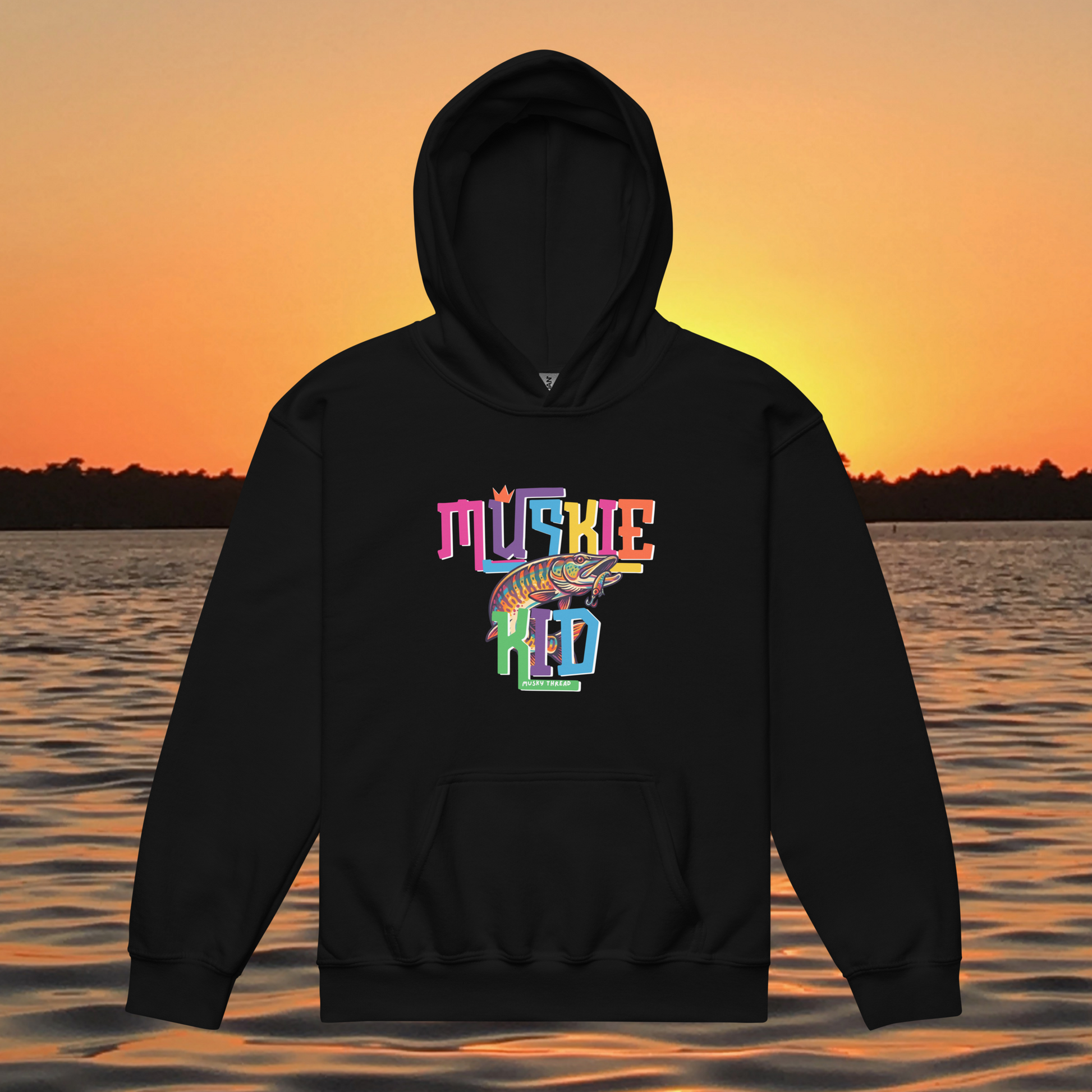 youth heavy blend hoodie with street design Muskie Kid musky fishing graphic, lake sunset background