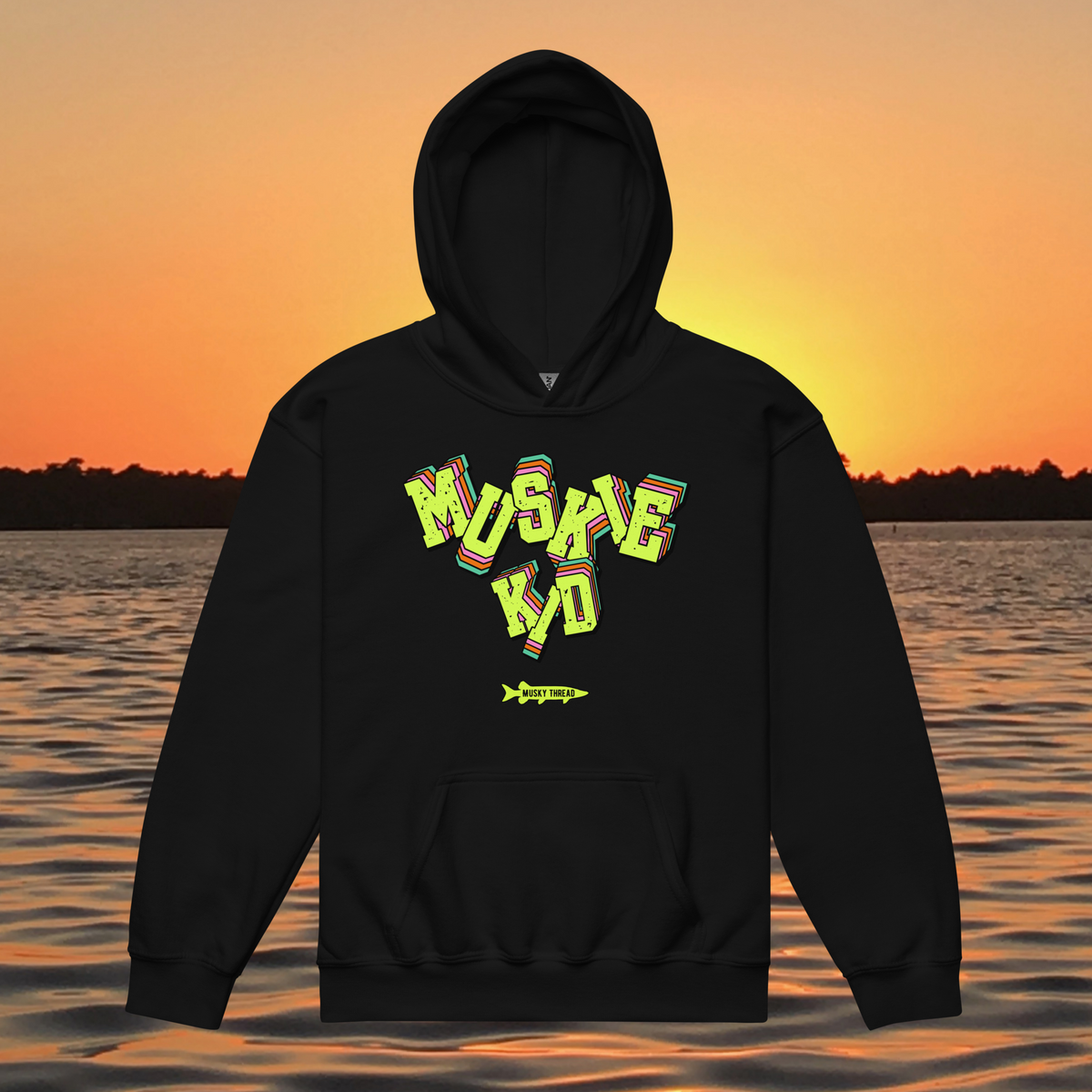 Neon Muskie youth hoodie in with retro fishing graphic