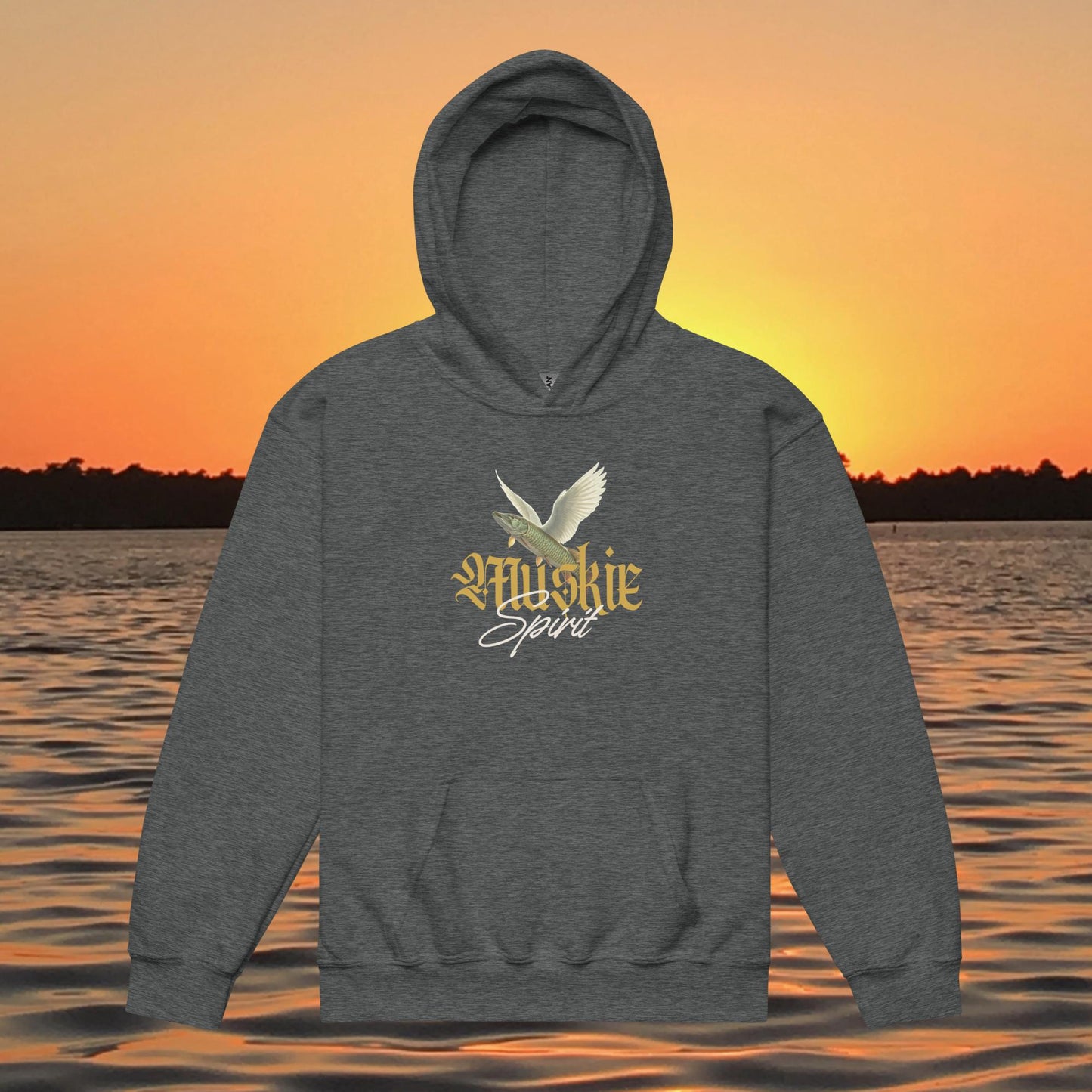 youth hoodie muskie with wings artistic fishing design muskie spirit text