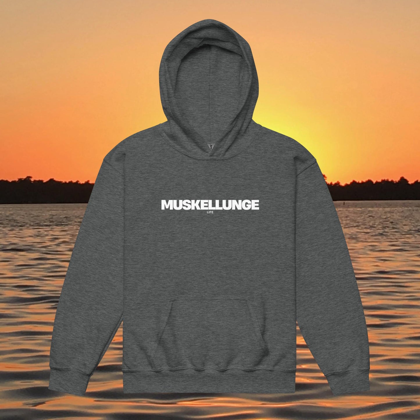 youth hoodie muskellunge life text minimalist musky fishing design