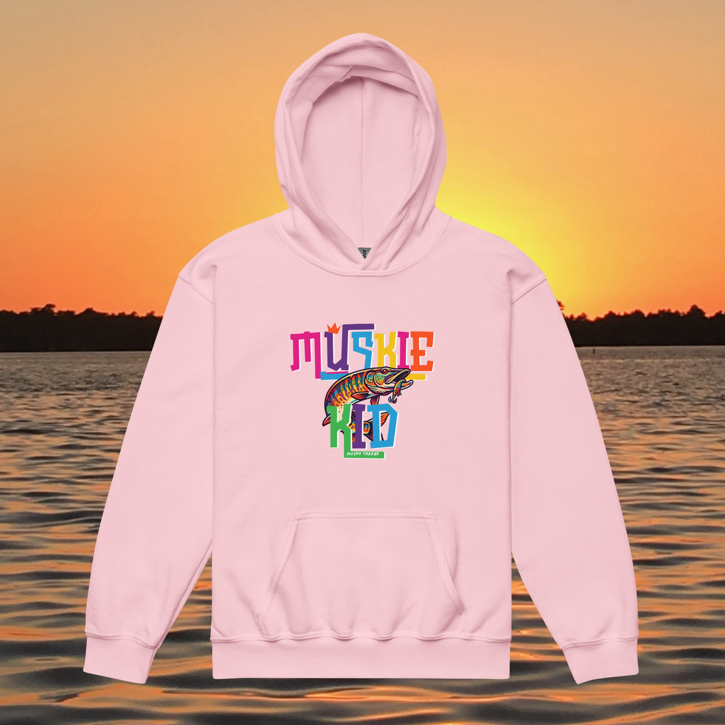 youth heavy blend hoodie with street design Muskie Kid musky fishing graphic, lake sunset background