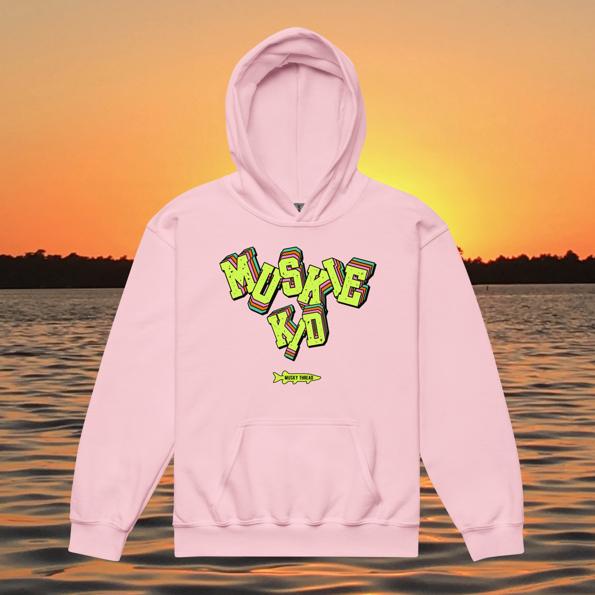 Neon Muskie youth hoodie in with retro fishing graphic