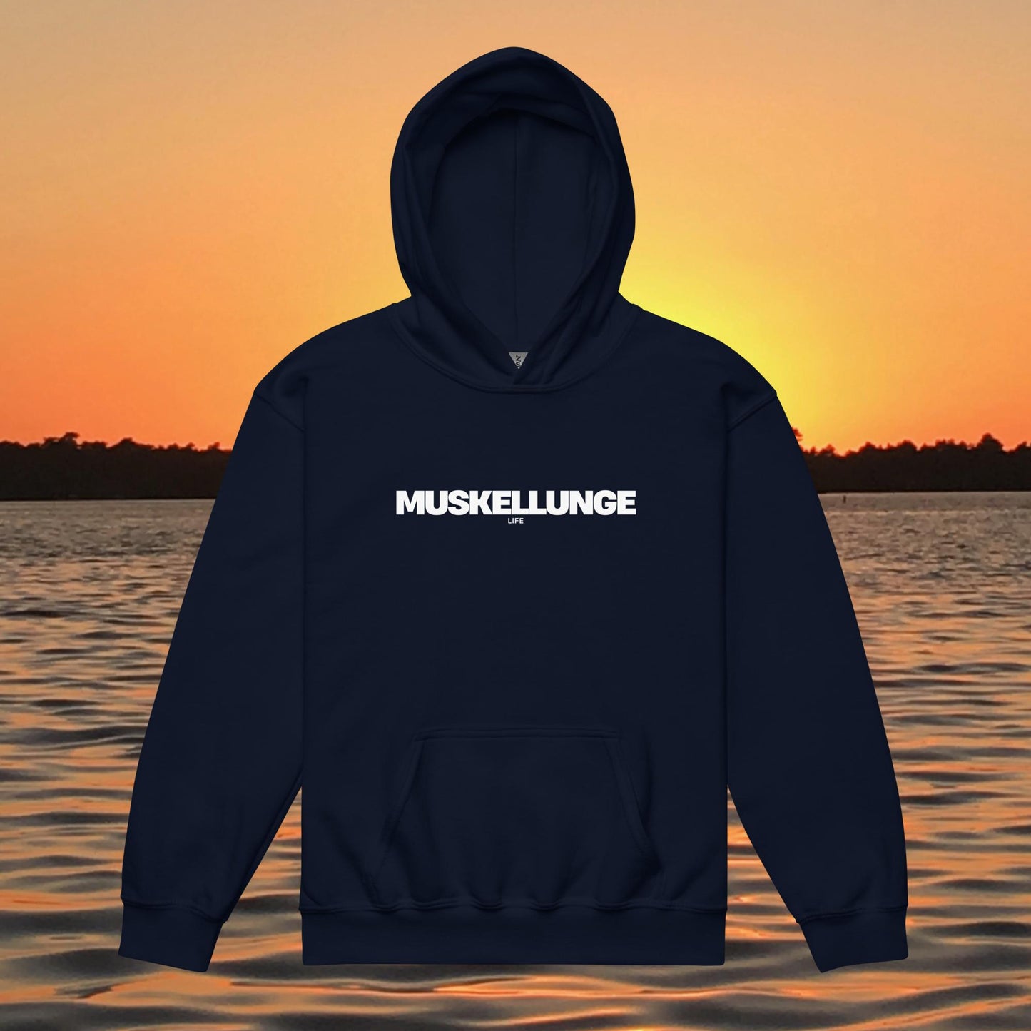 youth hoodie muskellunge life text minimalist musky fishing design