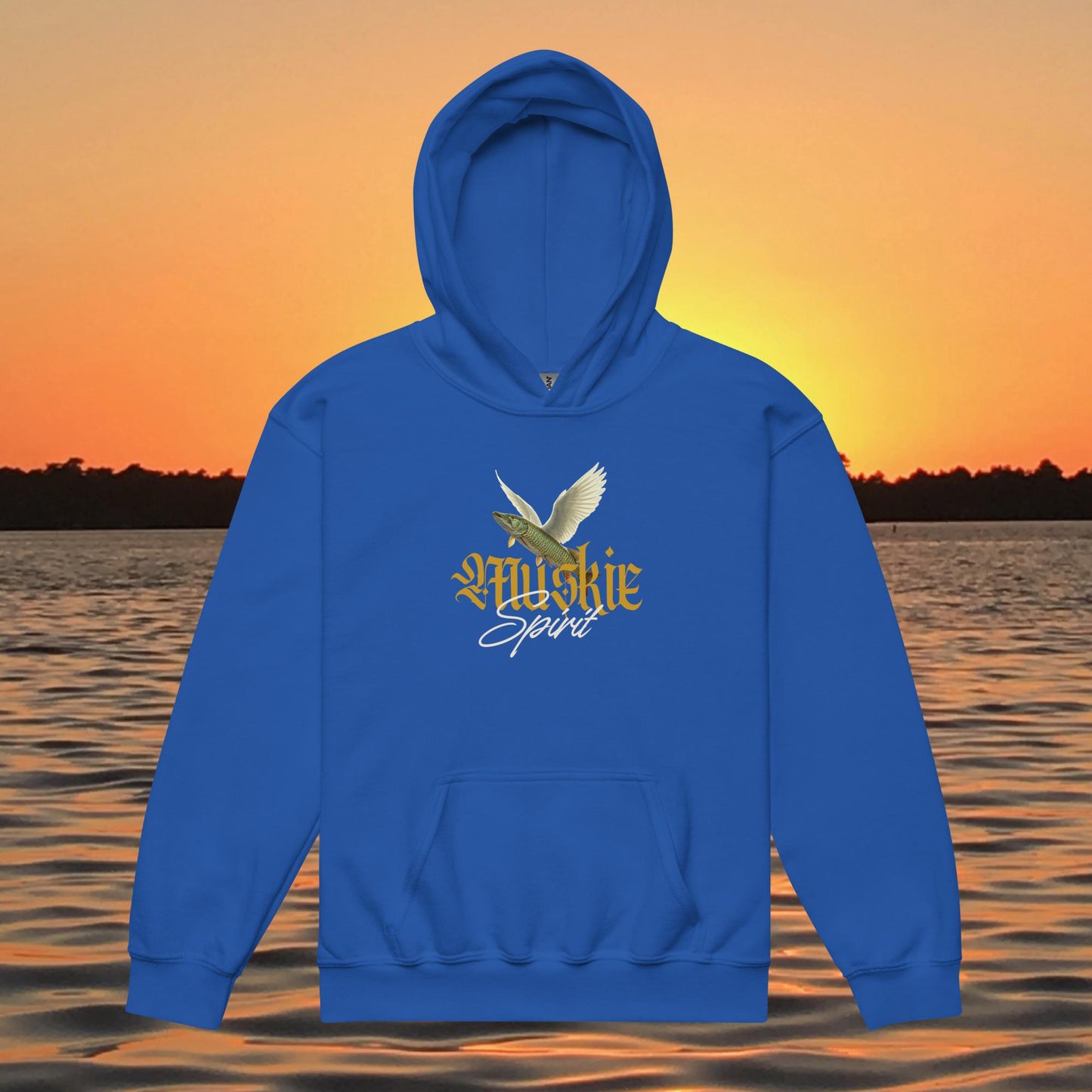 youth hoodie muskie with wings artistic fishing design muskie spirit text