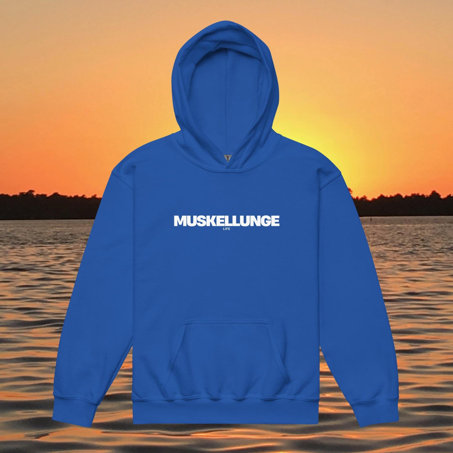 youth hoodie muskellunge life text minimalist musky fishing design