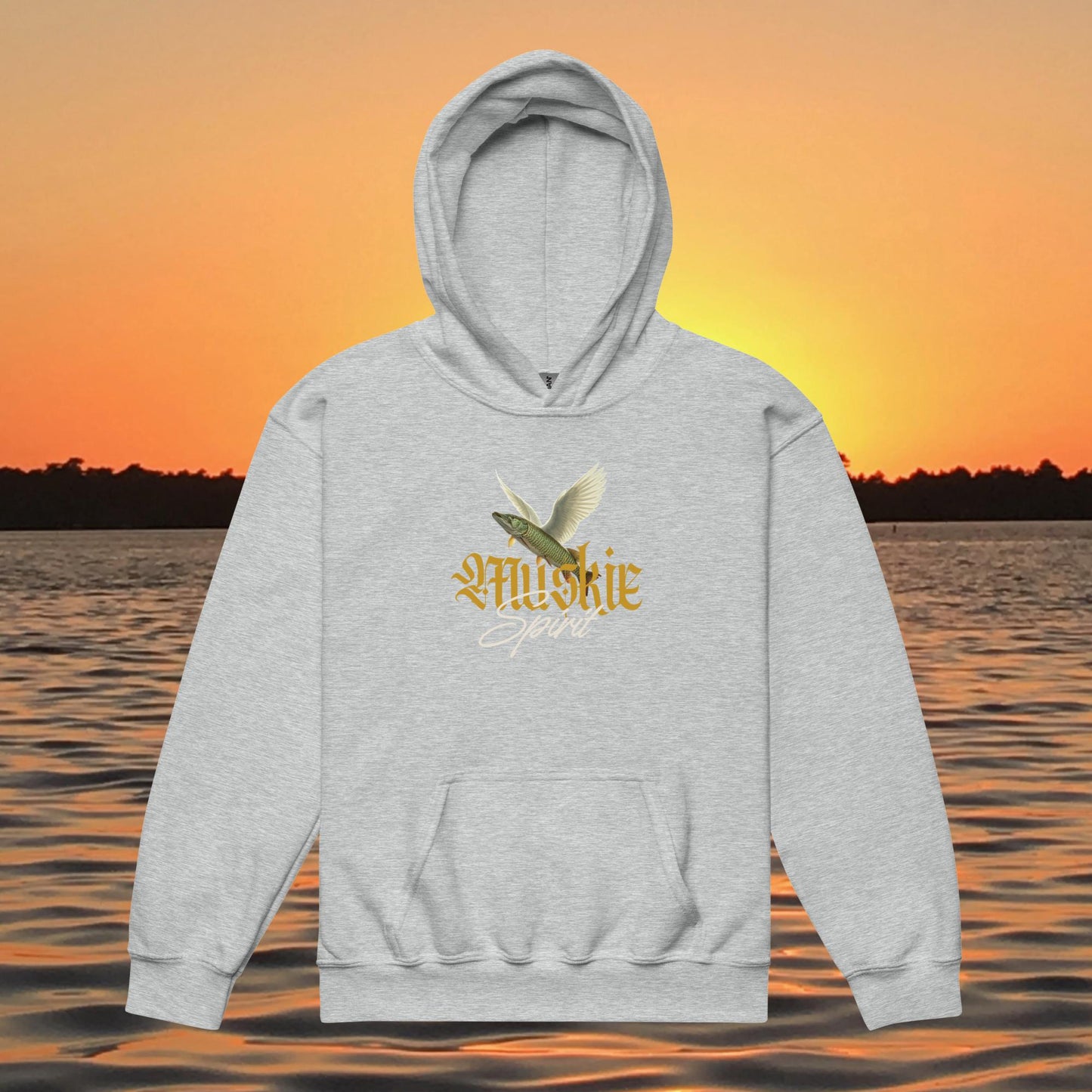 youth hoodie muskie with wings artistic fishing design muskie spirit text