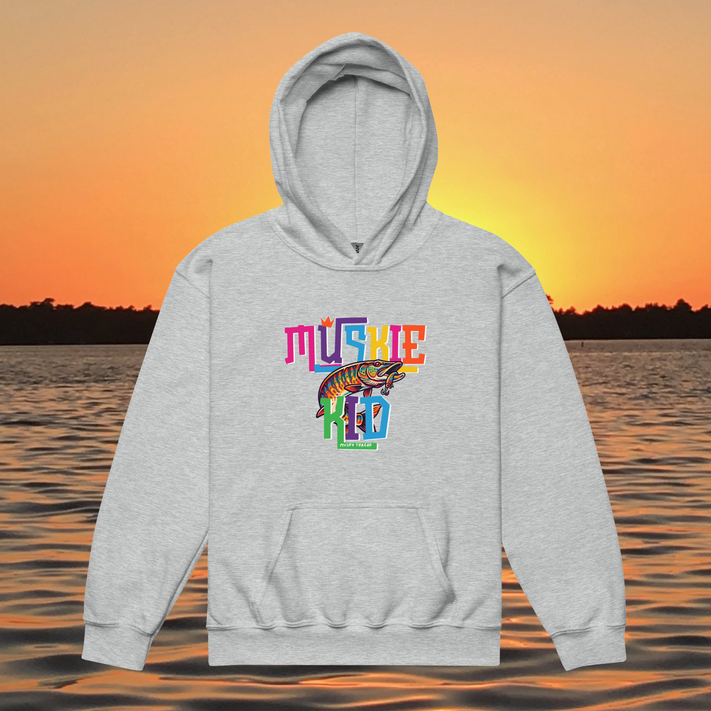 youth heavy blend hoodie with street design Muskie Kid musky fishing graphic, lake sunset background