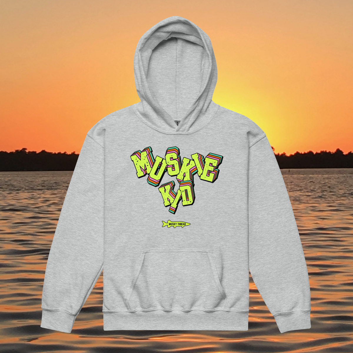 Neon Muskie youth hoodie in with retro fishing graphic