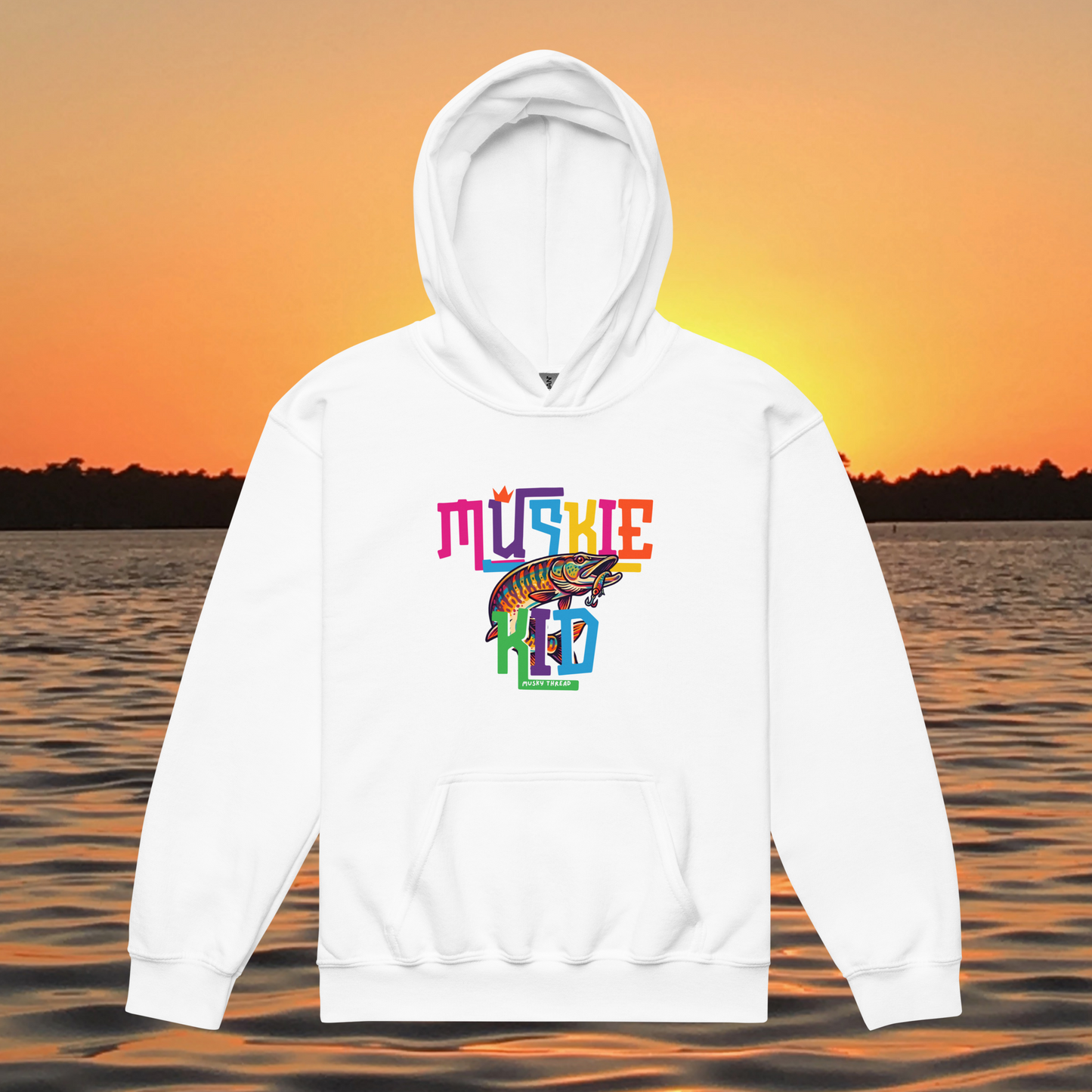youth heavy blend hoodie with street design Muskie Kid musky fishing graphic, lake sunset background