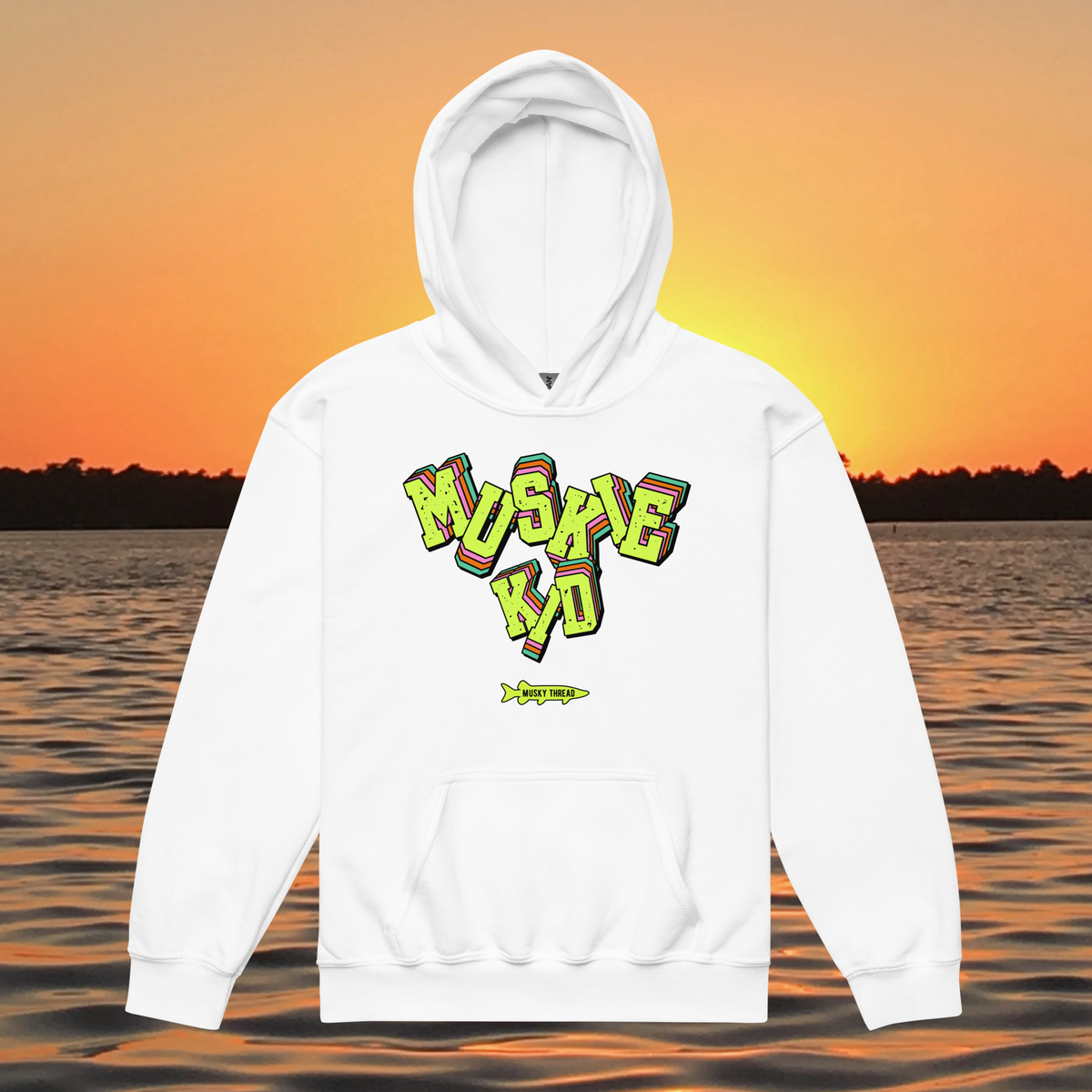 Neon Muskie youth hoodie in with retro fishing graphic